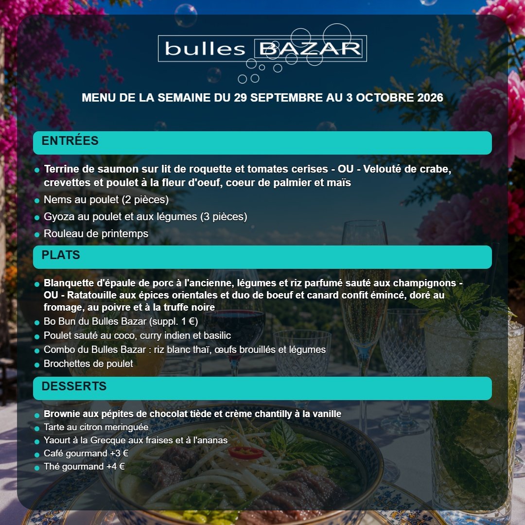 Carte déjeuner de la semaine du Bulles Bazar
