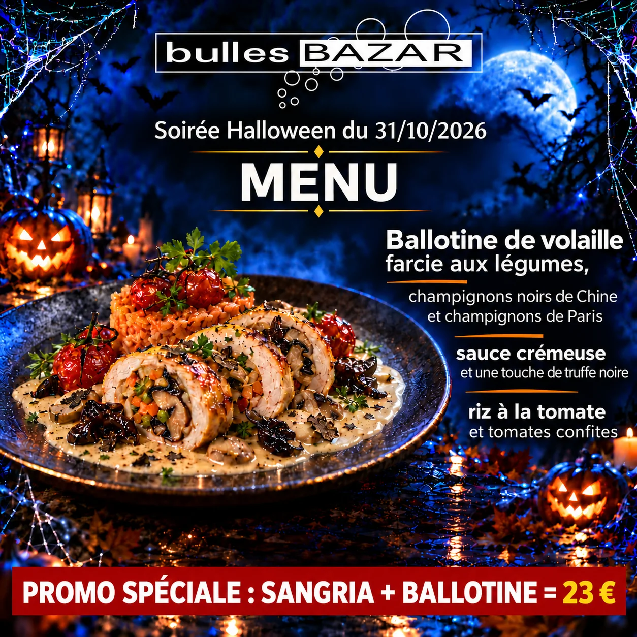 Menu Halloween : ballotine de volaille farcie aux légumes, champignons, sauce crémeuse, riz à la tomate